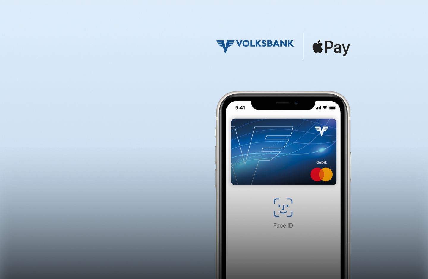 Apple Pay Startscreen auf einem Iphone mit blauer Volksbank Karte