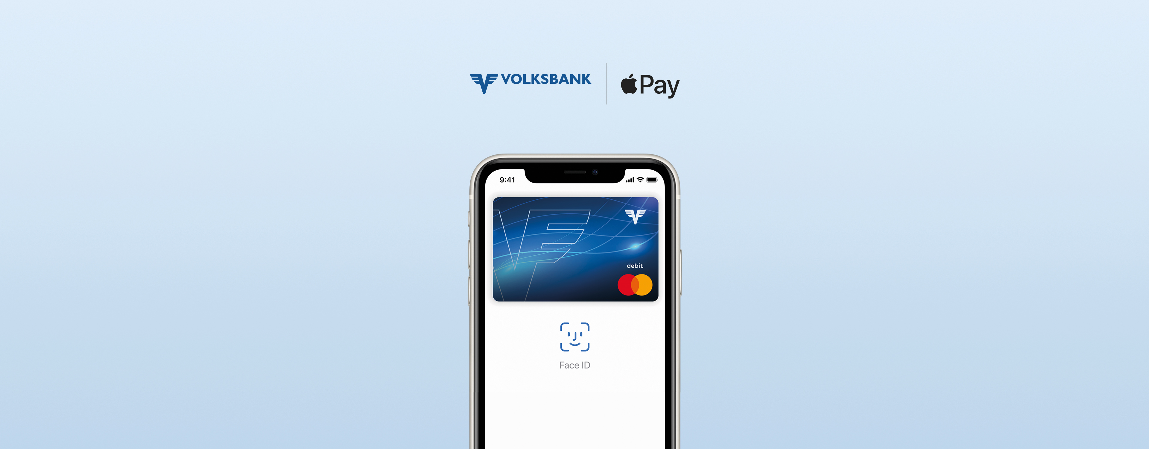 Apple Pay Bezahlmethode auf einem Smartphone auf blauem Hintergrund.