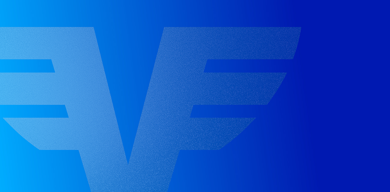 Blauer Farbverlauf mit blassem abgeschnittenen V-Logo im Hintergrund.