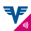 Icon für Volksbank Pay mit einem rosa Eck und dem Volksbank V in der Mitte.