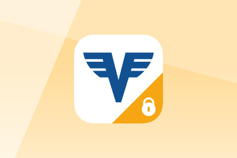 Gelber Hintergrund mit eingebettetem Volksbank-Logo und einem Schloss-Symbol als Zeichen für Sicherheit. 